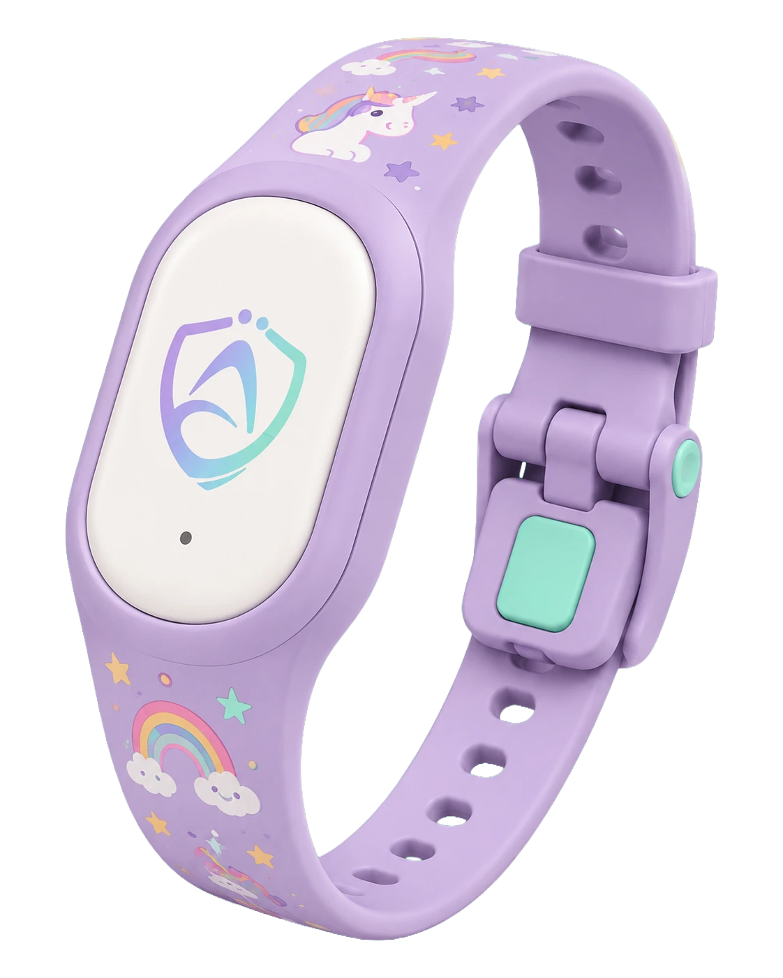 Bracelet AURA violet pour enfant, sans écran, avec décor licorne.